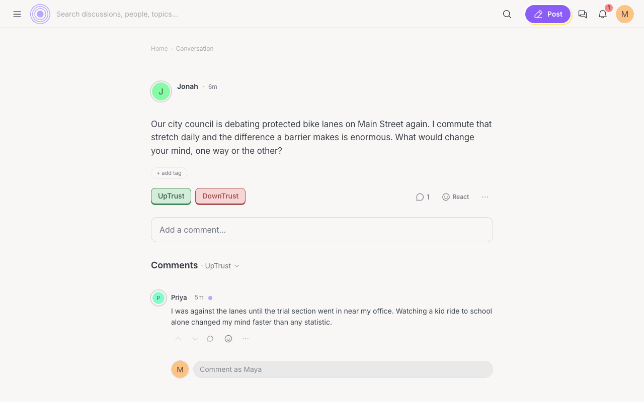 A conversation with its UpTrust and DownTrust buttons
