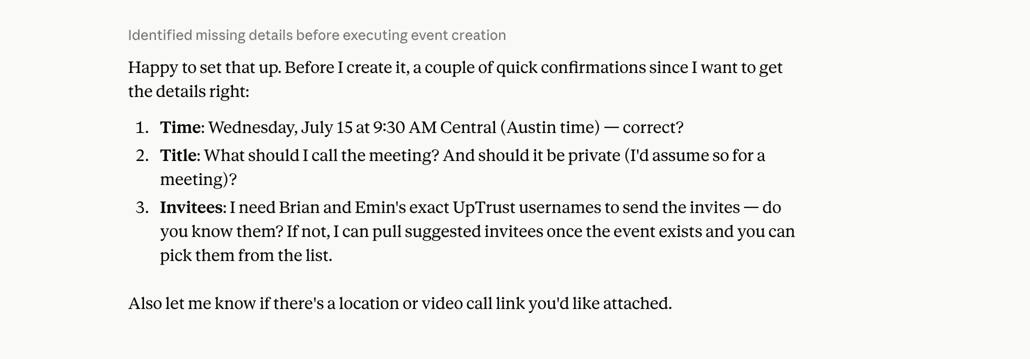 A connected AI assistant setting up an event and inviting people on a person's behalf
