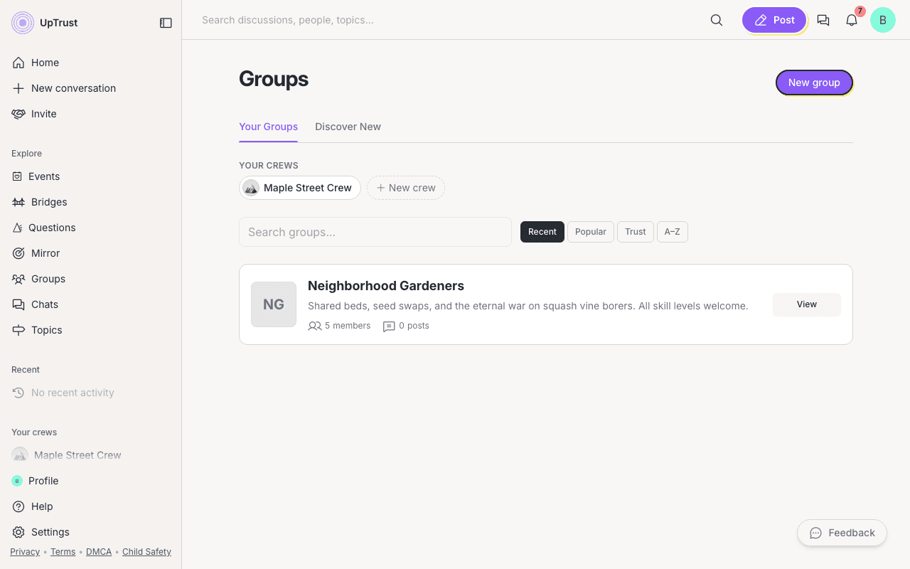 The Groups page showing the Your crews shelf with crew chips and a New crew button