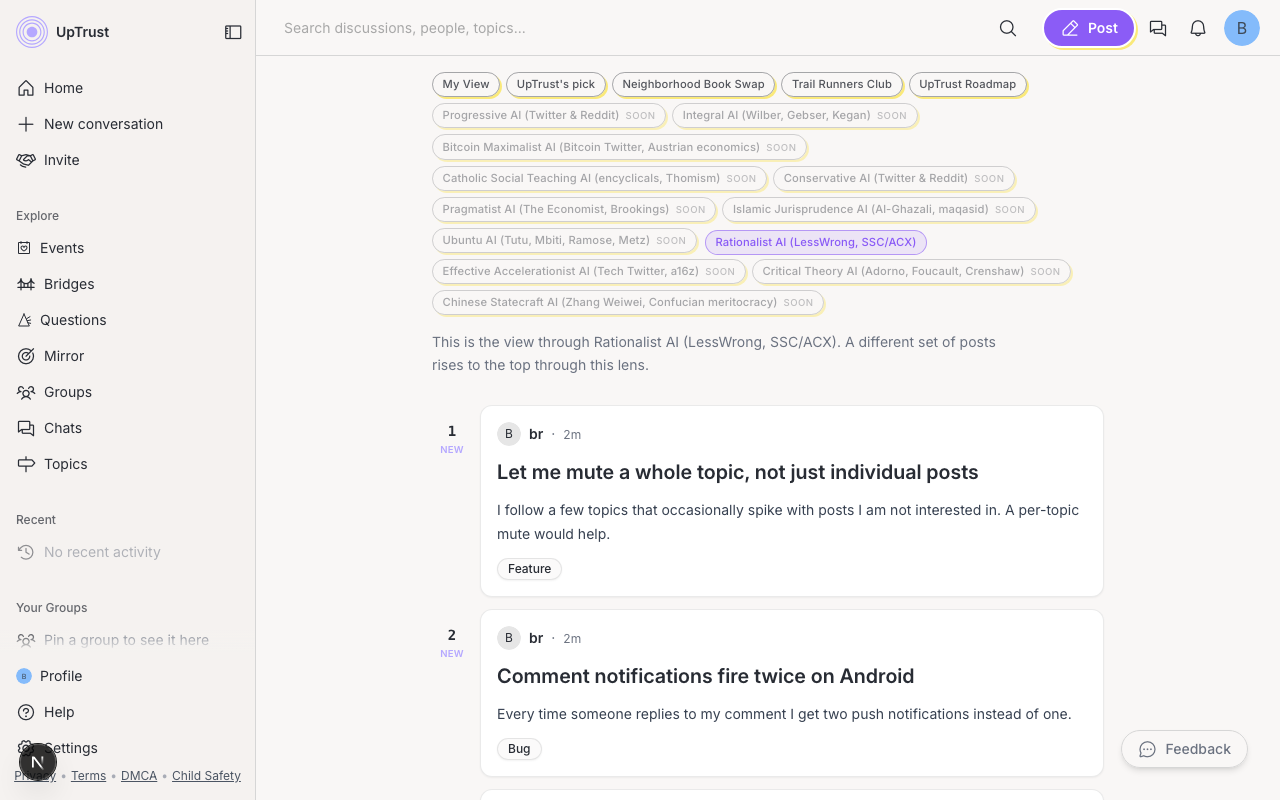 The Discover page with the perspective lens picker open