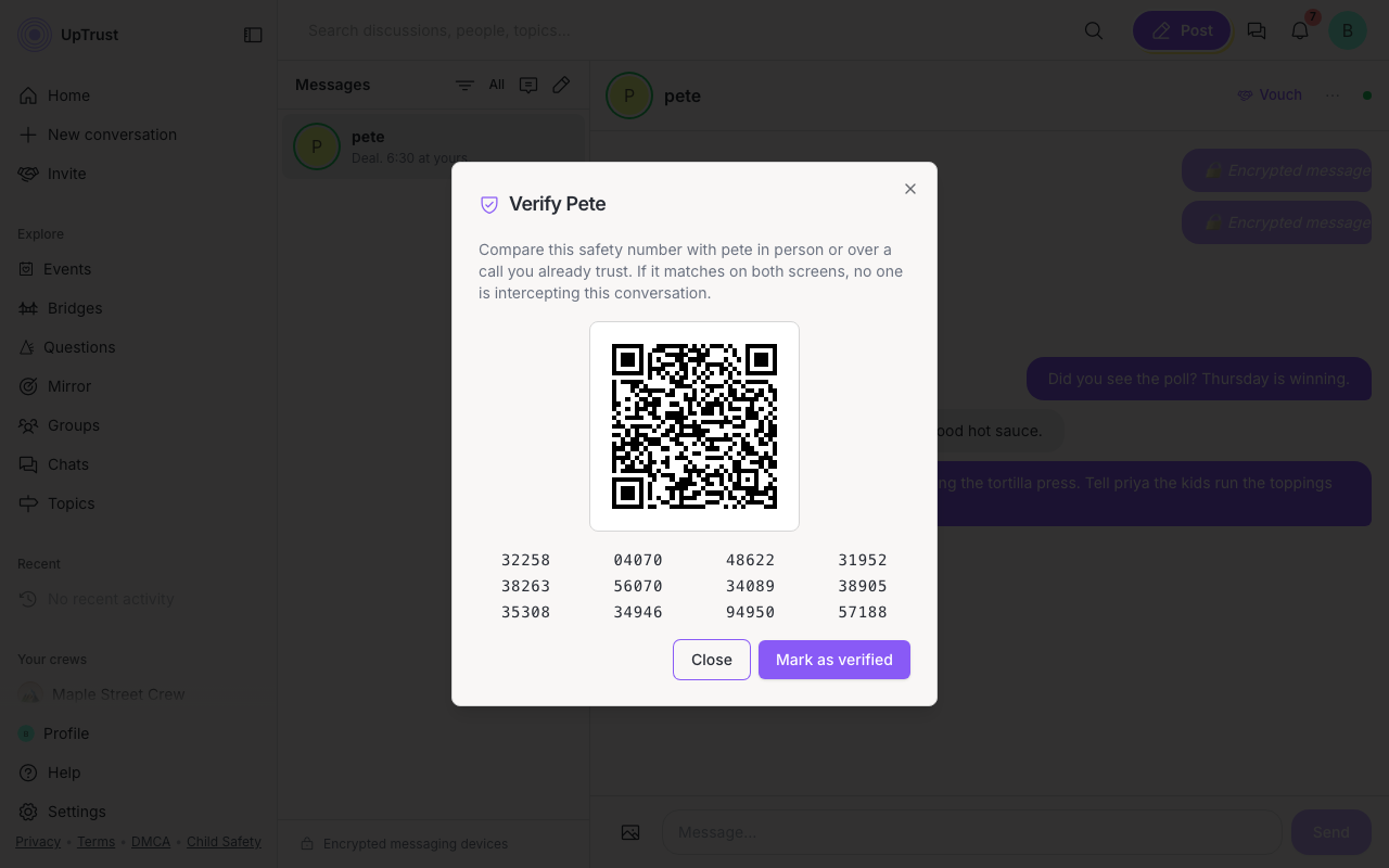 Verify safety number screen with QR code and digit groups