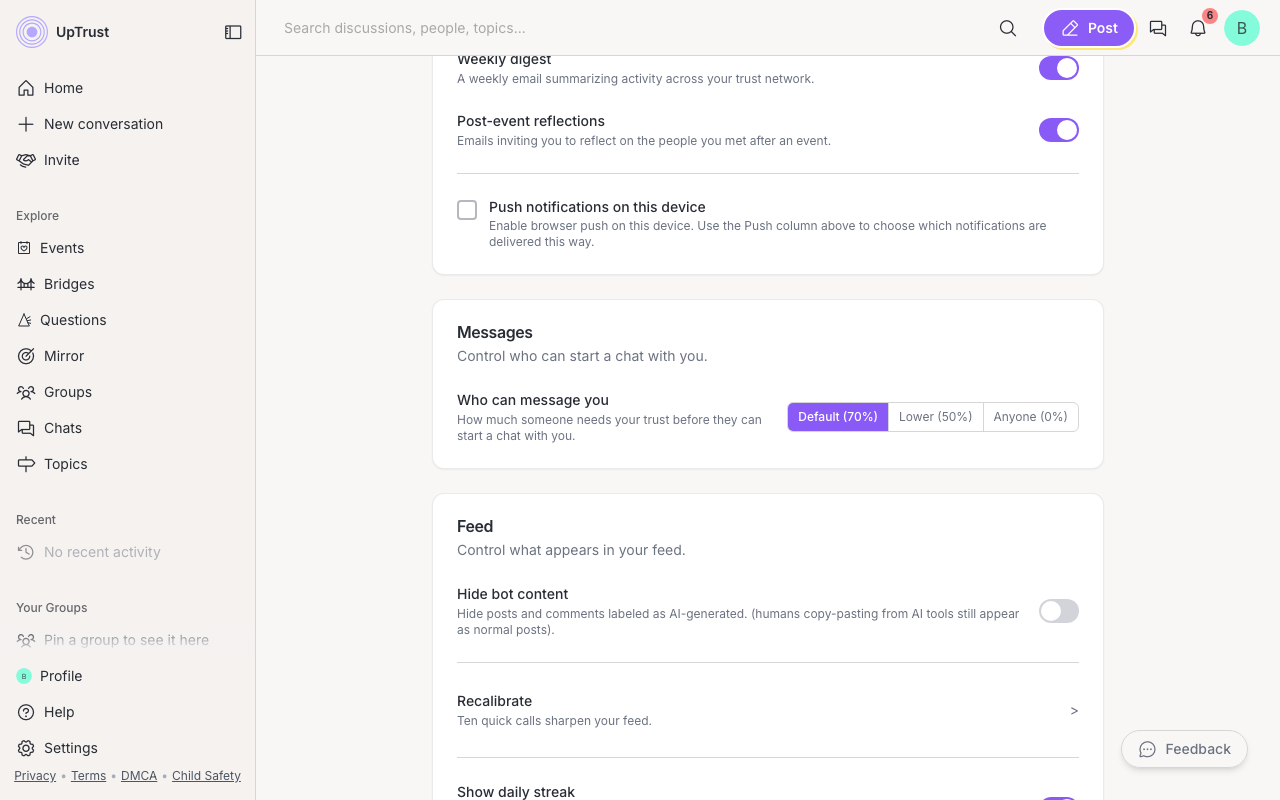 Settings control for Who can message you