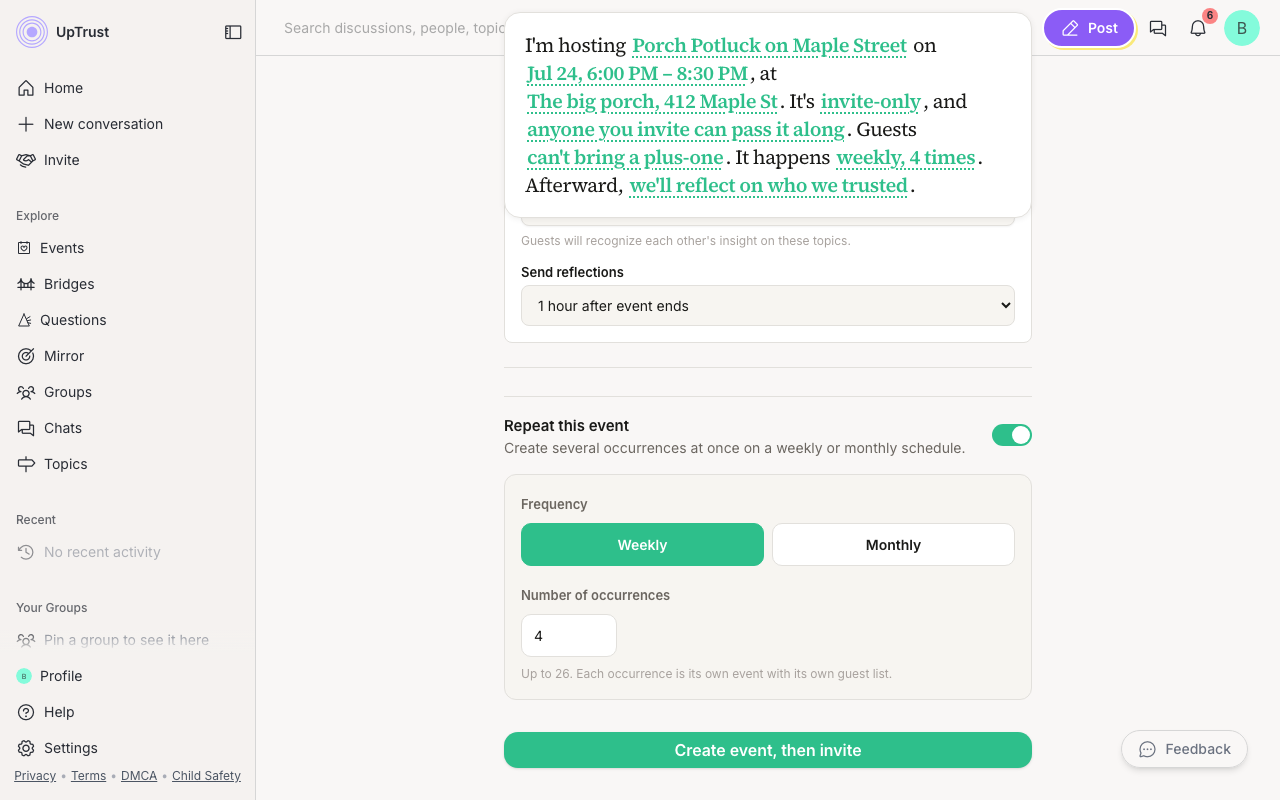The create-event form with Repeat this event turned on