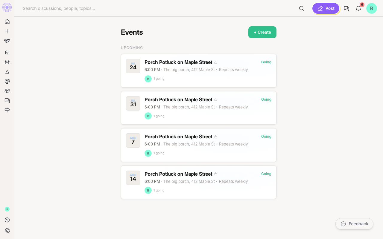 An event card showing the Repeats weekly badge