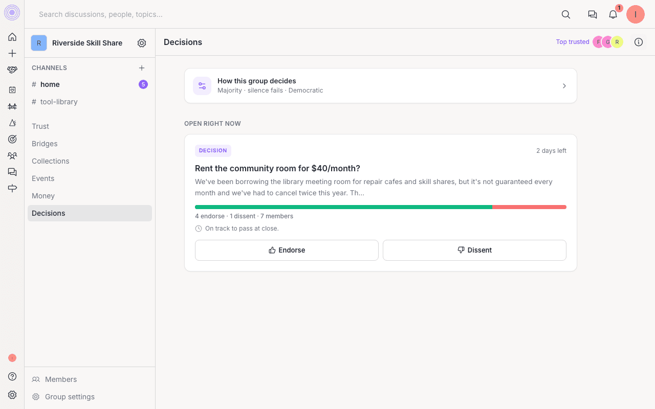 The Decisions tab, showing an open proposal and the group's rules for how it decides
