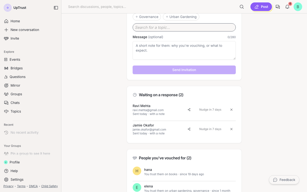 The invite page dashboard: Waiting on a response and People you've vouched for