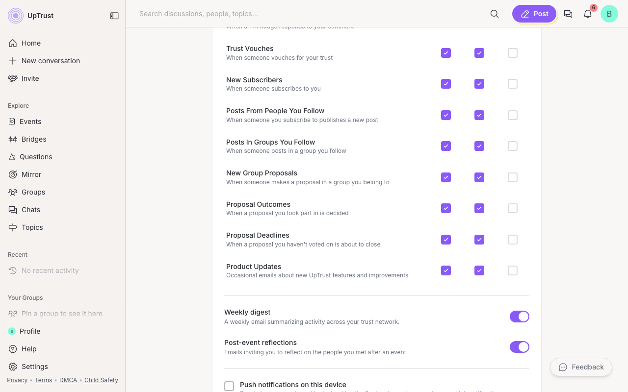Notification settings rows, including Product Updates