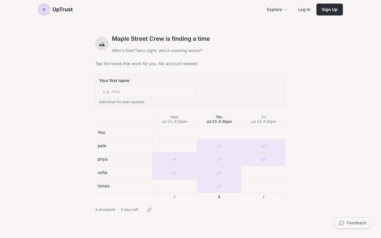 The public Who's free page with first name, optional email, and a time-slot grid