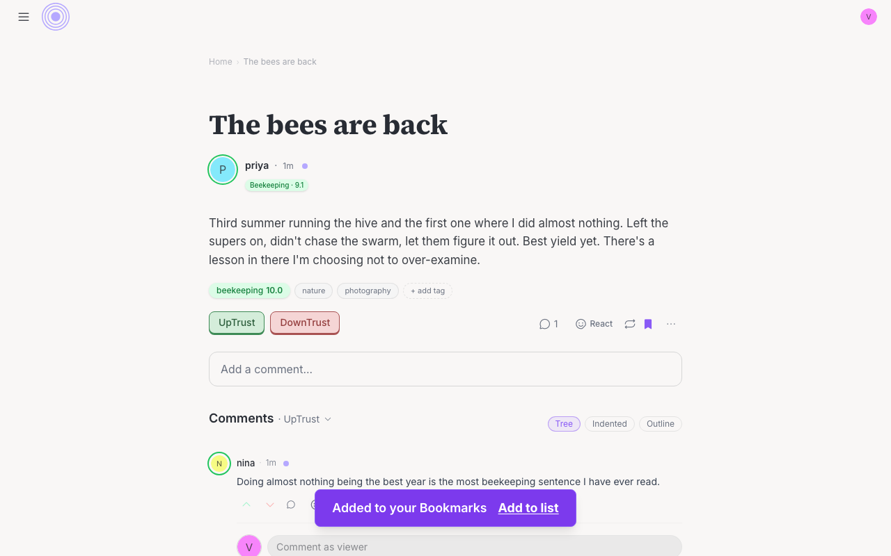 A post with a filled bookmark and the message Added to your Bookmarks, with an Add to list button