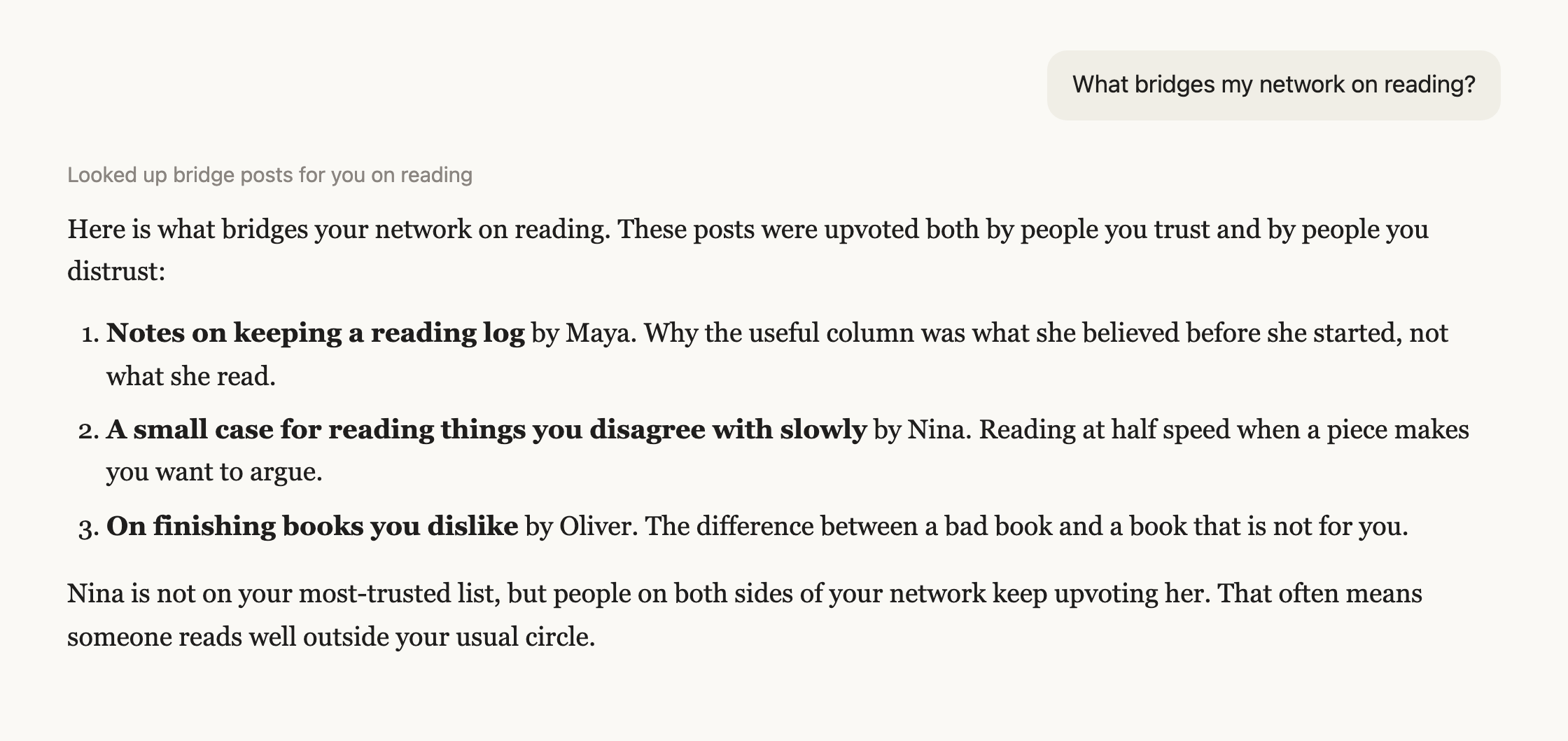 A connected AI assistant listing the posts that people on both sides of a person's network upvote