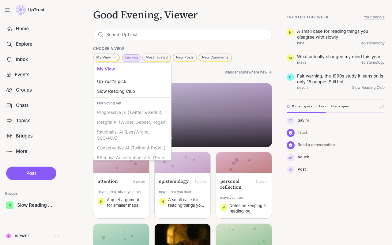 The Explore page with the Choose a view menu open