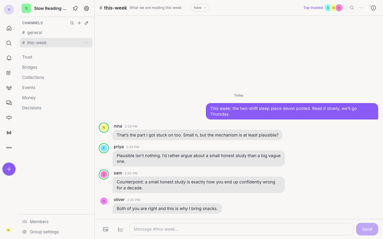 A group page with its channels and the conversation in one place