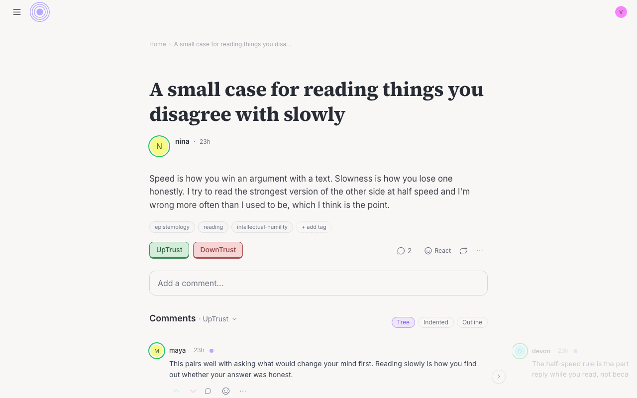 A conversation with its UpTrust and DownTrust buttons