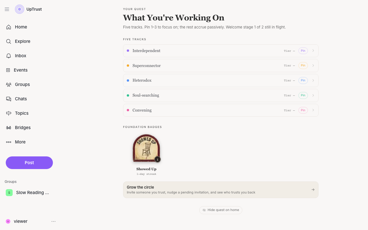 The Quest page with its tracks and the badge collection